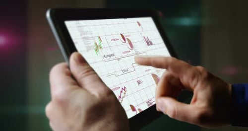 USA EU China India charts graphs on touchscreen pad display