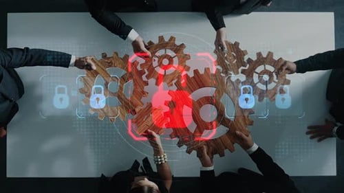 Team Collaboration in Digital Security, Group of Business Professionals Interacting with Gears and L
