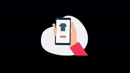Animated Hand Holding Smartphone with E-commerce Shopping App
