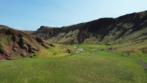 Tourist Routes Through Volcanic Mountain Valley Iceland Northern Landscape From Height Beautiful