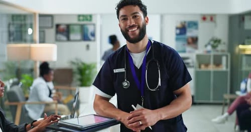 Happy, man and face of surgeon in hospital with confidence for wellness service with help