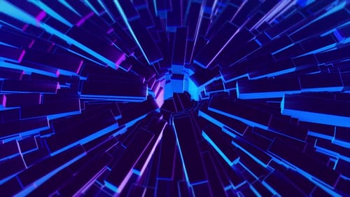 Leuchtende blaue und lila geometrische Formen bilden einen zentralen leeren 3D-Hintergrund