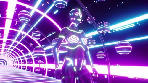 Futuristic AI Robot in Neon Cyberspace Tunnel