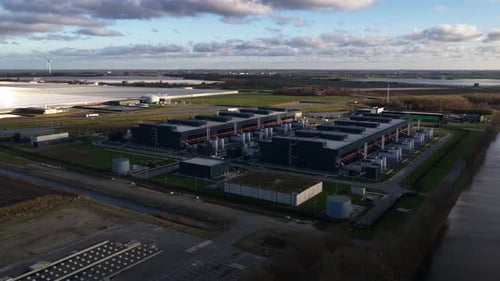 Aerial view of industrial buildings, Netherlands.