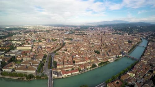 Aerial drone footage over the beautiful town of Verona, Italy.