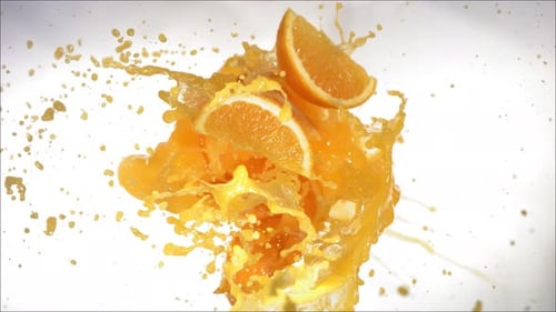 Super Slow Motion of Explosion Orange and Burst Juice and Slices
