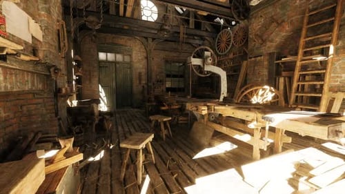 Sunny Craft Workshop Lively Woodworking Space with Warm Sunlight