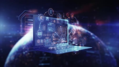 Futuristischer Laptop mit Hologrammdaten, die auf dem Hintergrund des Planeten Erde fließen