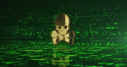 Skull pirates and cyberattack golden metal shine symbol