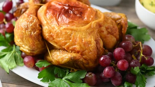 Thanksgiving dinner on rustic wooden table with roasted turkey