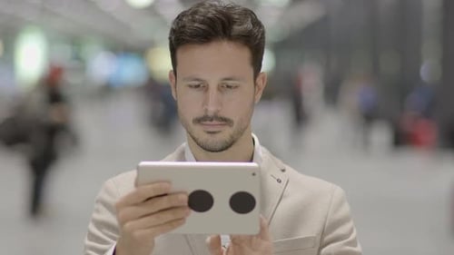 Portrait of Young Successful Man Using Tablet Screen on Business Travel Trip