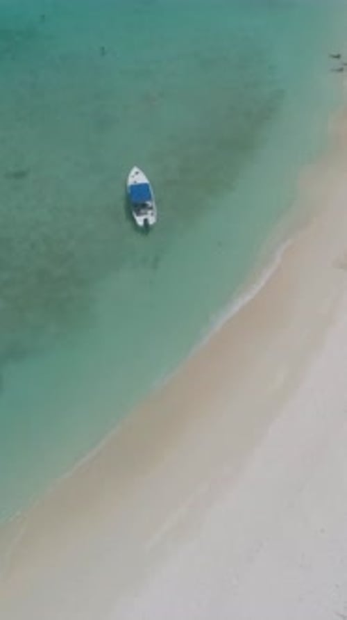 Aerial vertical tilt-up over Cayo de Agua, Los Roques, Venezuela, showing day-beach activity,
