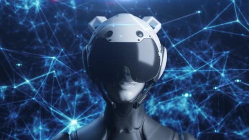 Die Roboterin hebt den Kopf, nachdem sie den Strom eingeschaltet hat, und schaut den Betrachter an.