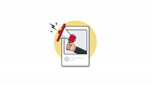 Hand Holding Megaphone in Social Media Frame Flat Animation