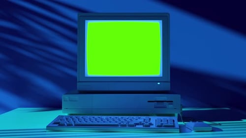 Retro 80s computer with green screen technology and alpha channel home indoors 4k