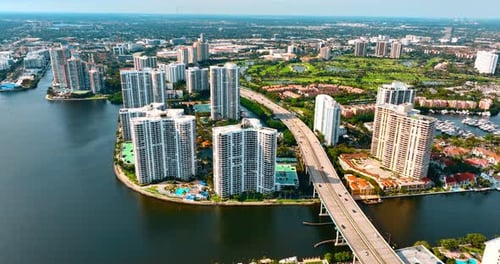 Approaching the gorgeous green sunny panorama of Miami, Florida, USA.