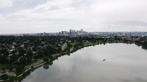 Drone shot of the Sloan's Lake shoreline in Denver, Colorado.