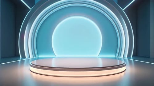 Futuristic 3D Stage with Pulsing Neon Blue Lights Background
