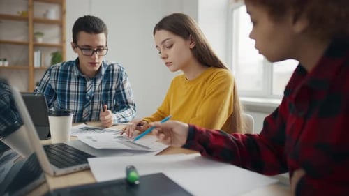 Business People Office Workers Working Together Stand Near Desk Hands Closeup Colleagues Discussing