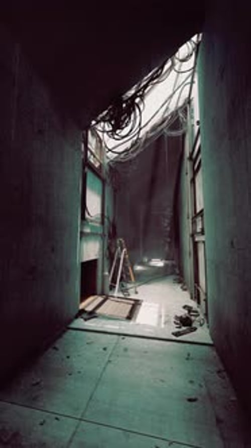 Mysterious Hallway with Scattered Debris and Sunlight in a Hidden Space