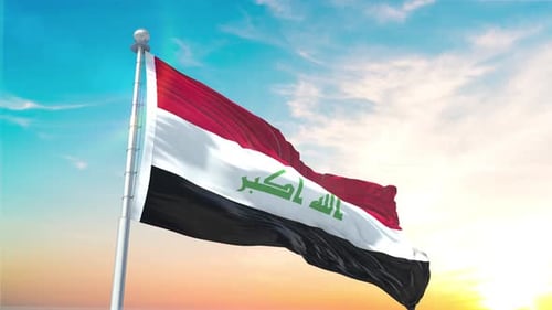 Iraq Flag Waving on Pole with Sunset Sky