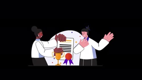 Zwei unterschiedliche Personen, die eine Leistung mit einer Trophäe feiern.