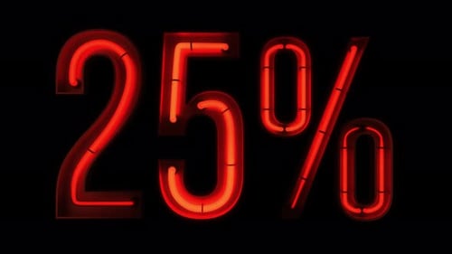 Red Neon 25 Percent Sign Animation with Glowing Effect