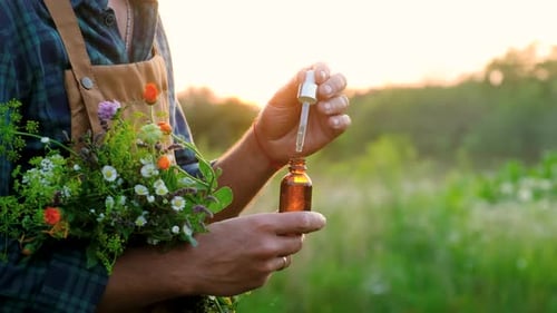 Man with Medicinal Herbal Extracts in His Hands Selective Focus