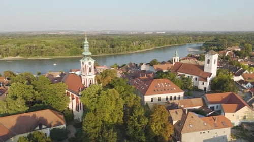 Scenic Drone View of Szentendre Cityscape and the Danube River