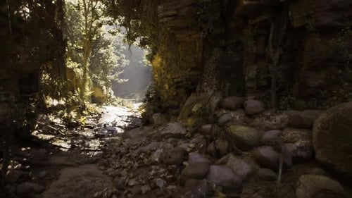 Moving Through Dark Rocky Cave with Sunlight Entrance