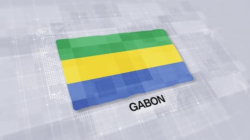 Gabon National Flag Waving Animation with Digital World Map Background