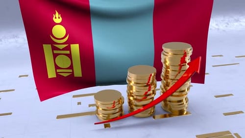 Mongolia Flag With Gold Coins Tower And Up Arrow