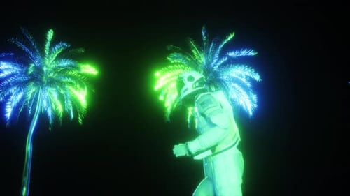 Neon Astronaut Running Loop with Glowing Palm Trees