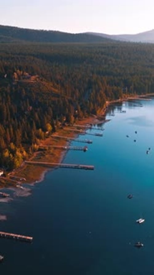 Numerous boat piers set on the lake waterfront. Lots of yachts and boats on water surface.
