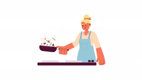 Blonde Frau kocht Gemüse zum Abendessen Zeichentrickanimation