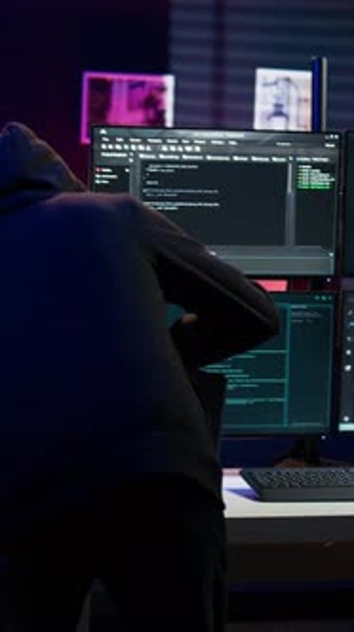 Vertical Video Hacker Arriving in Underground HQ Ready to Start Coding Malware