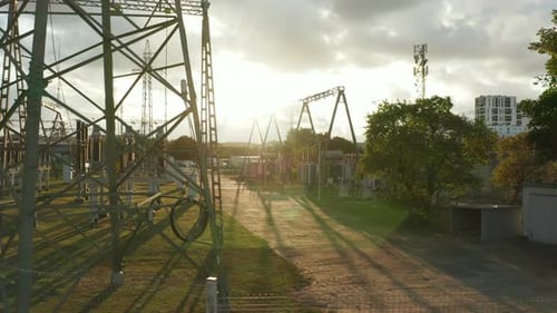 Highpower Electricity Transmission Station at Sunset