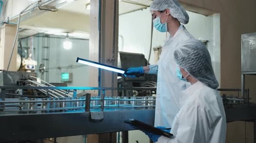 Deux superviseurs féminins inspectent le processus de production sur le convoyeur d'une usine alimentaire.