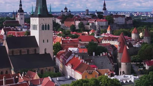 Aerial Footage of Popular Tourist Sights in Historic City Center Church Towers Old Houses and