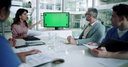 Healthcare, presentation or people at green screen for business, funding opportunity