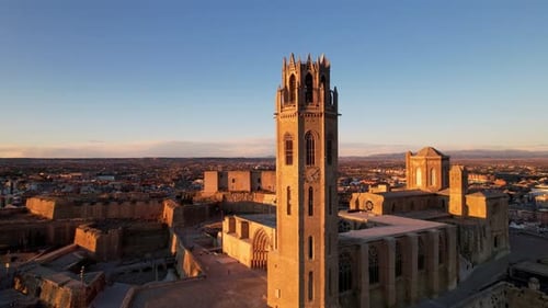 Panoramic aerial drone view of typical Gothic architecture La Seu Vella cathedral: vaults, colonnade