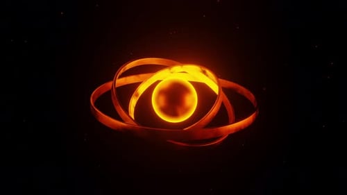Glowing object with ring around it on dark background. Loop animation