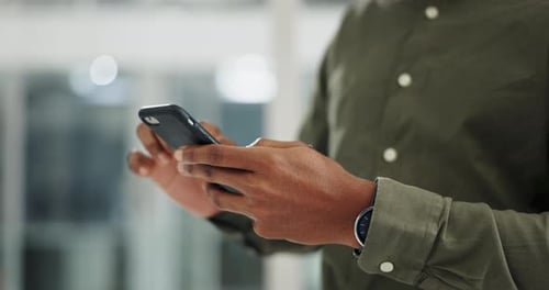 Businessman, phone and hands typing in communication, social media or networking at the office