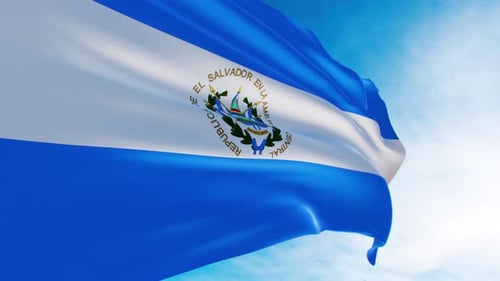 Realistic Waving Flag of El Salvador Against Blue Sky