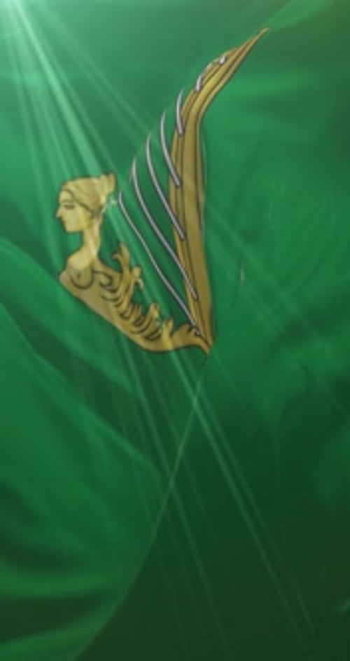 Golden Harp with Female Figure on Waving Green Fabric