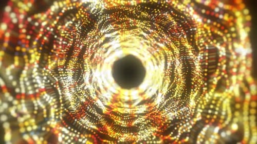 Abstract yellow gold energy tunnel made of particles and a grid of high-tech lines