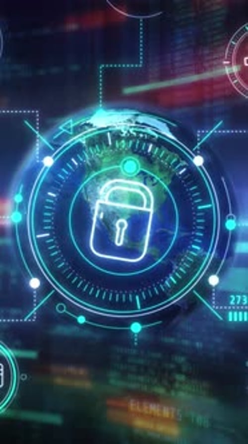 Global Network Security with Digital Lock Icon on Spinning Earth