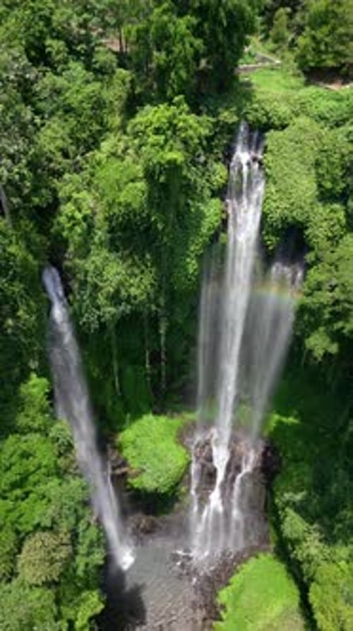 Aerial View of Majestic Sekumpul Waterfall in Lush Green Jungle Bali Indonesia