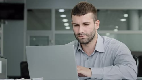Closeup Adult Focused Businessman Manager Office Worker Typing on Laptop Working on New Project