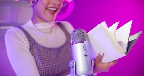 Girl, closeup and influencer in home with microphone, smile and hands for social media